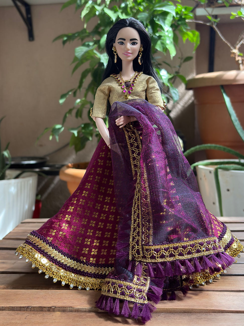 Thumbnail: Wine and Gold Traditional Lehenga Set with Jewelry.