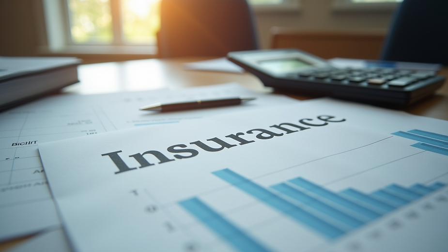 Eye-level view of a desk with insurance documents and a calculator