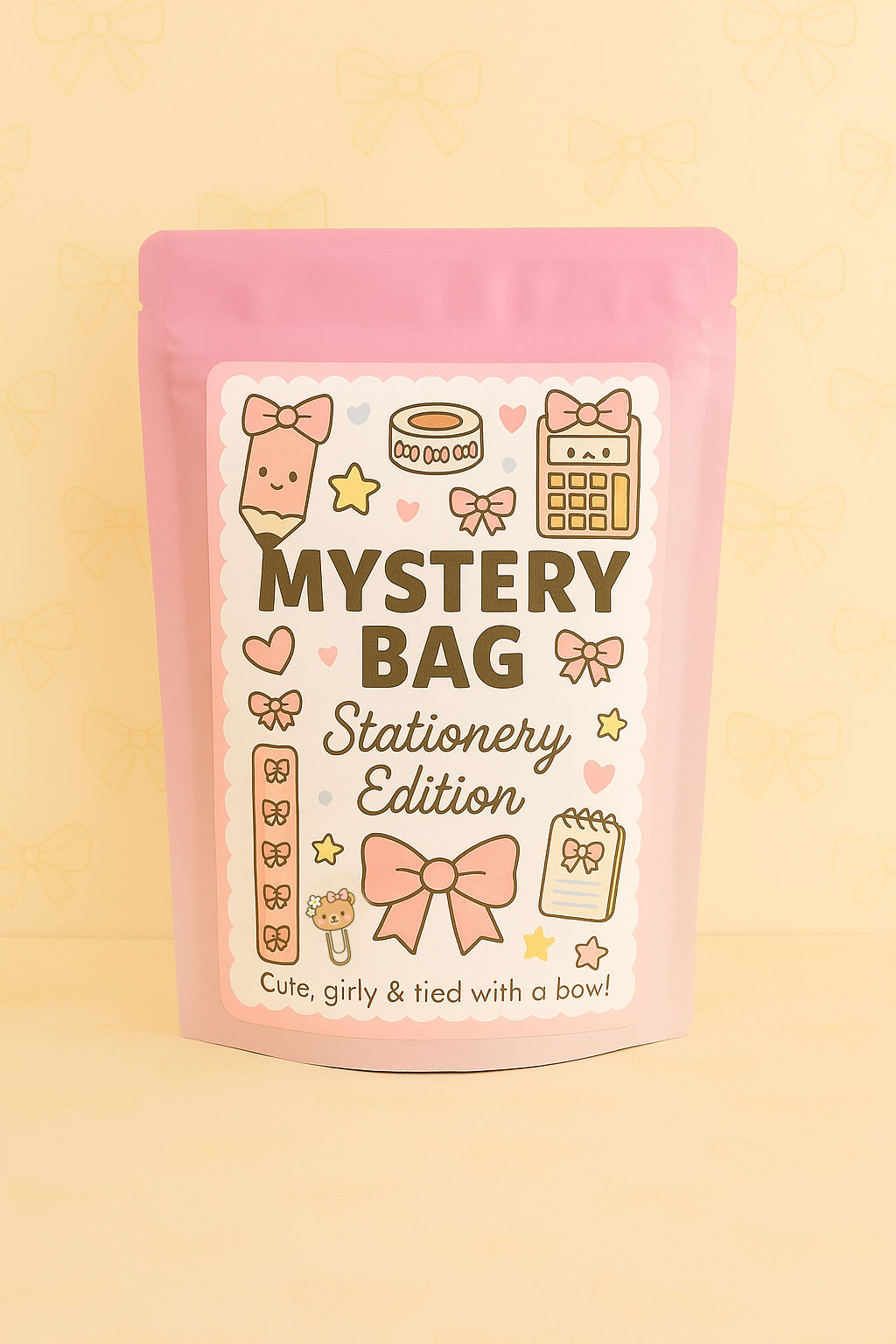 Mystery Bag – Back to School Bow Edition. Rosa Cutetopia-påse med etikett i rosett-tema, fylld med stationery