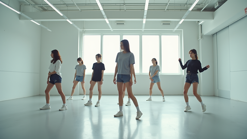 明るいスタジオでK-POPダンス初心者がレッスン中の様子