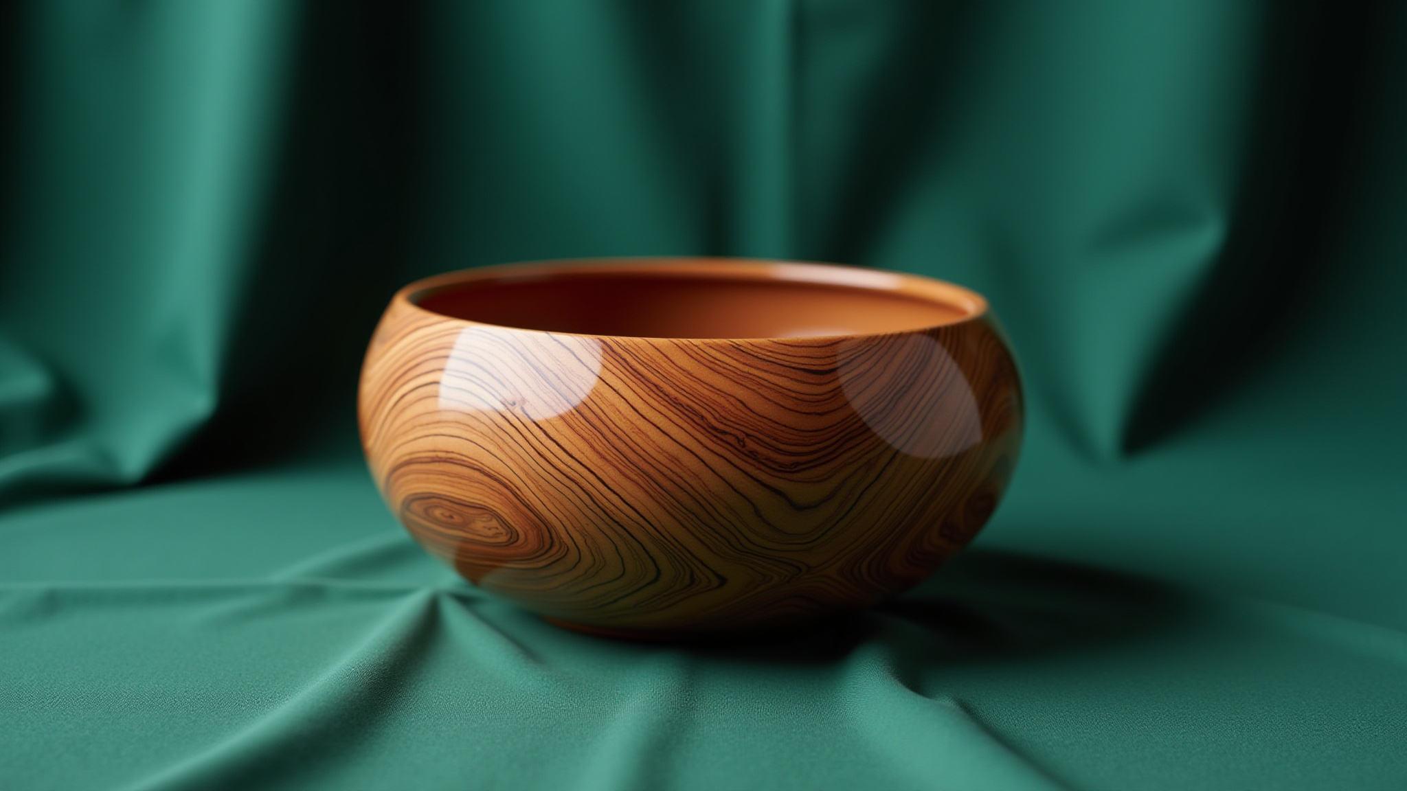 Glossy wooden bowl with grain pattern on green fabric