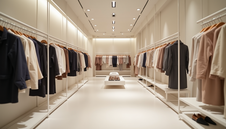 Eye-level view of a Zara store interior with minimalist clothing displays