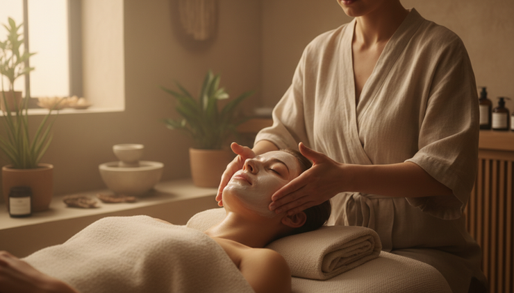 Vista a la altura de los ojos de una persona recibiendo un masaje facial suave.