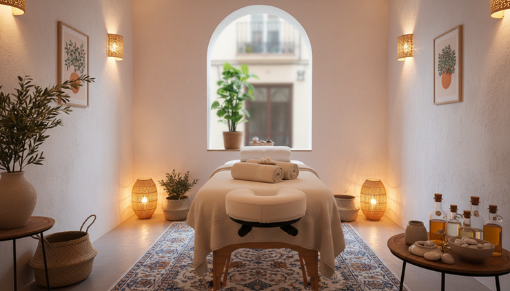 Vista general de una sala tranquila preparada para un masaje relajante en Málaga Soho.