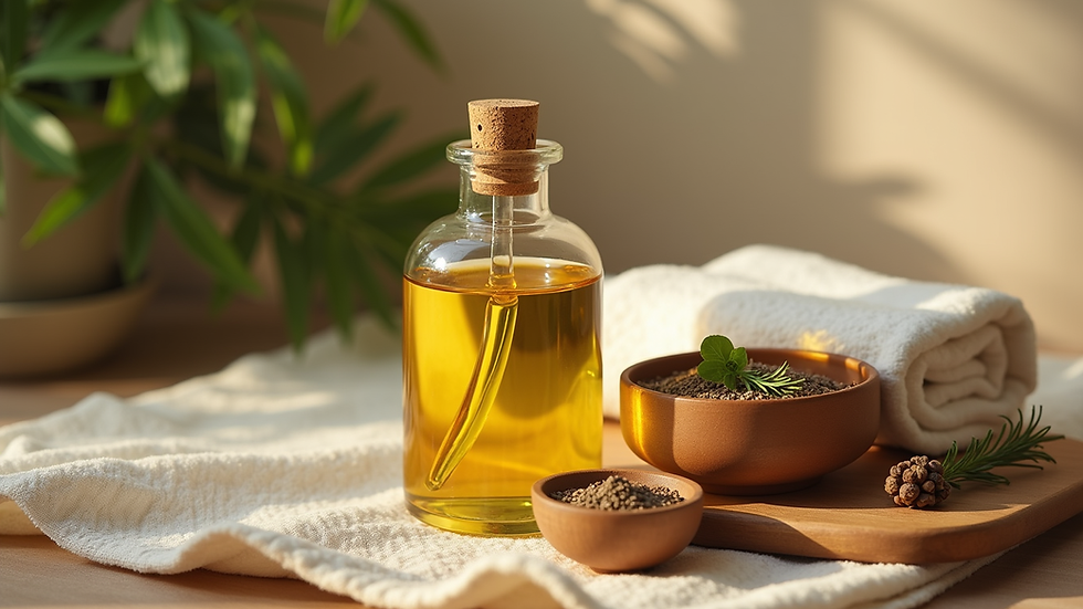 Nahaufnahme eines Massageöls und einer Schale mit natürlichen Zutaten