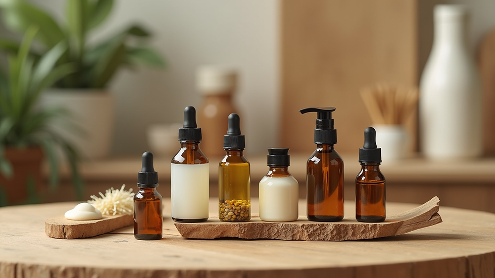 Eye-level view of a wooden table with various essential oils and natural skincare products