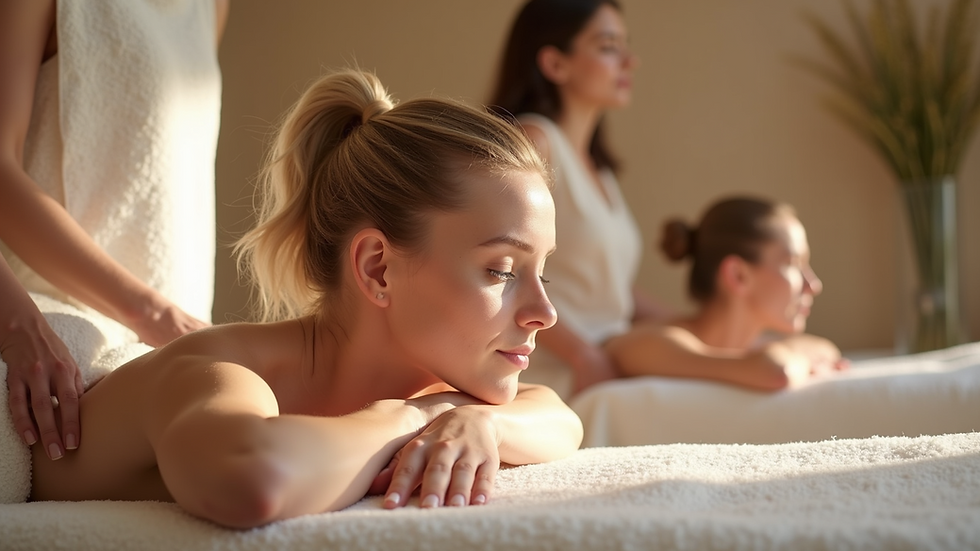Eye-level view of serene spa treatment room with soft lighting