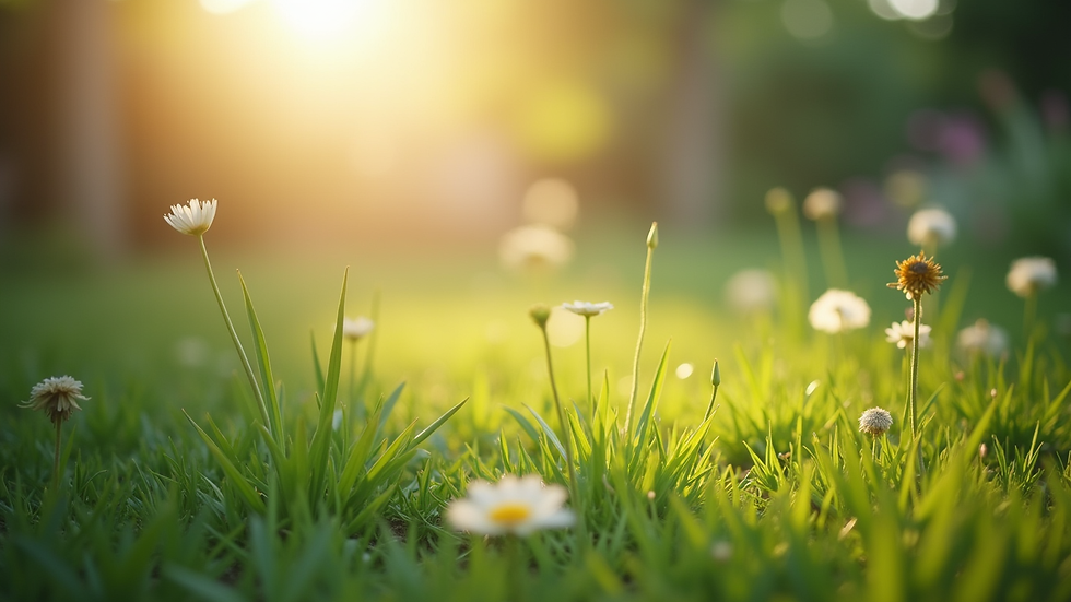 Close-up view of a calm and peaceful garden with soft sunlight