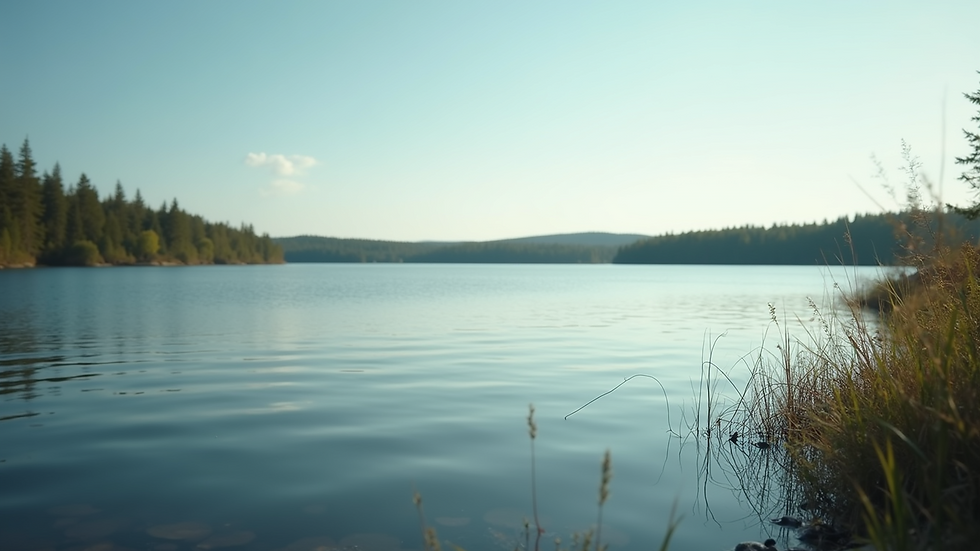 Eye-level view of a serene landscape with a calm lake
