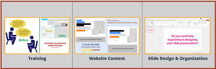 My 3 specialties: Training, Website Content, Slide Design and Organization