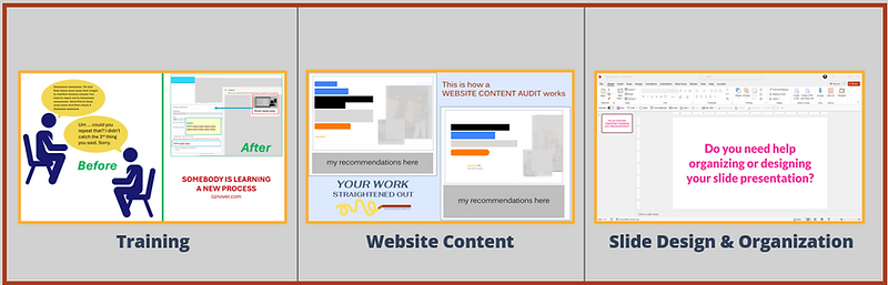 My services: Training, Website Content, Presentation Design and Organization
