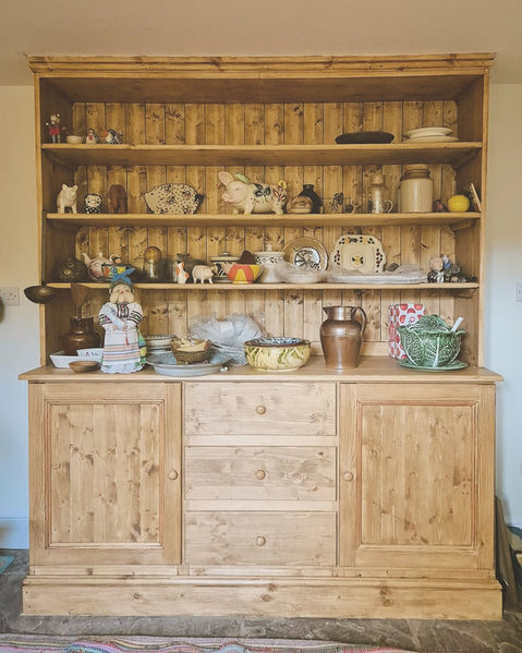 A handmade kitchen dresser from Pine, finished in medium brown Briwax for a client in Sowerby Bridge.