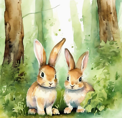 Baby-Hasen hoppeln im Wald, grüner Wald, aquarell.jpg