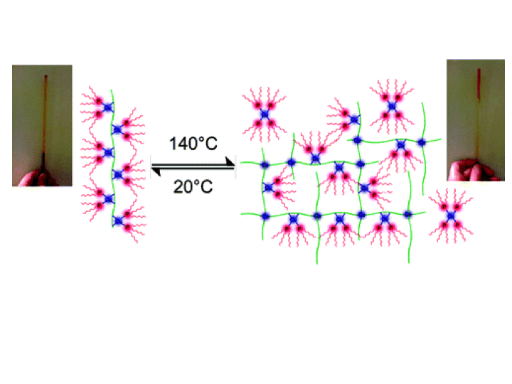 40. A dynamic-covalent, luminescent metallopolymer that undergoes sol-to-gel transition on temperature rise