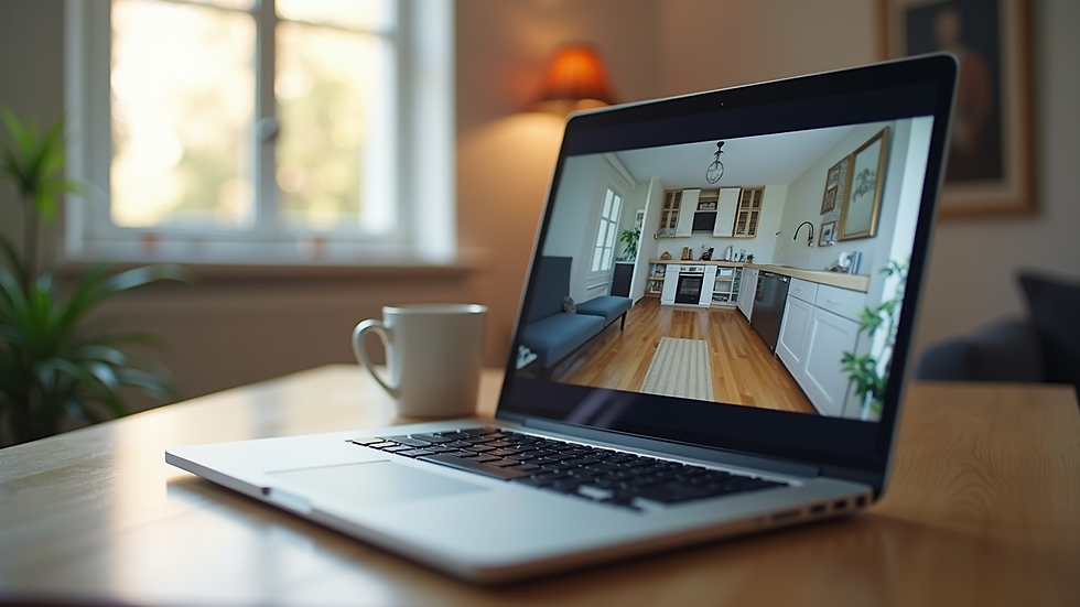 Close-up view of a laptop screen showing a virtual home tour