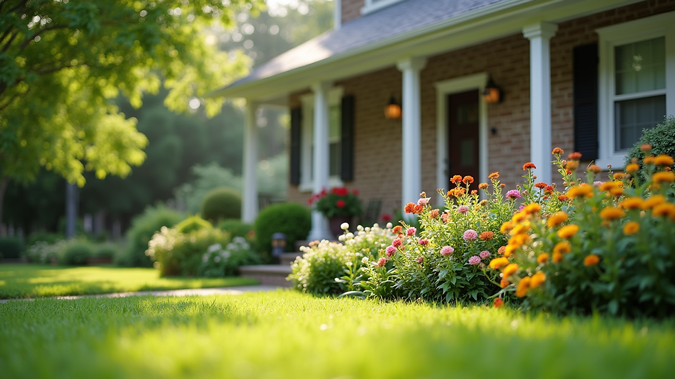 Eye-level view of a well-maintained front yard with colorful flowers