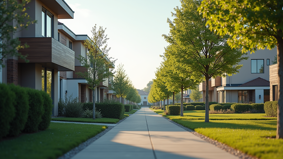 Eye-level view of a modern residential neighborhood with houses and trees