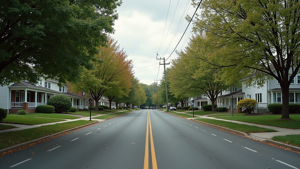 Eye-level view of a charming residential street in Vernon Township with houses and trees