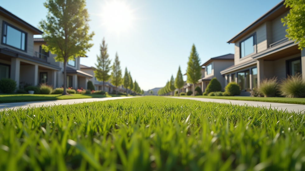 Eye-level view of suburban neighborhood with modern houses and green lawns