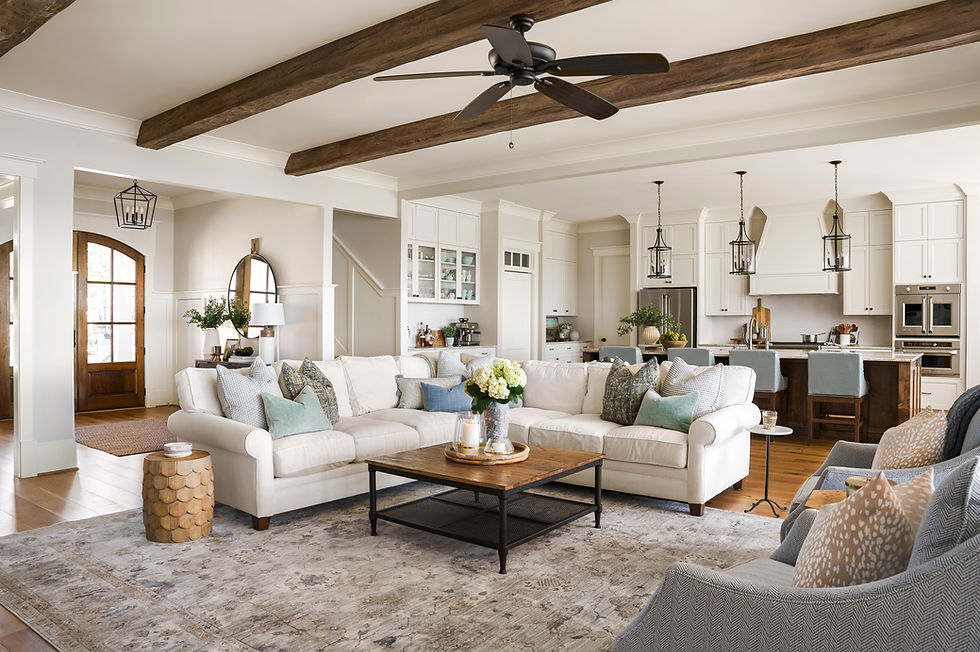 An example of a beautiful, editorial style shot for interior design, featuring entry, living space, and kitchen by Haven & Harbor.