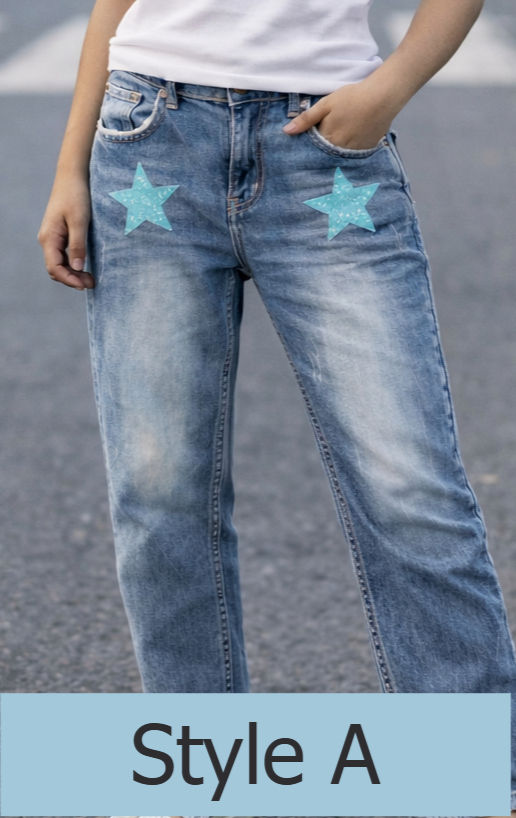 woman wearing style a faded denim jeans with star patch design