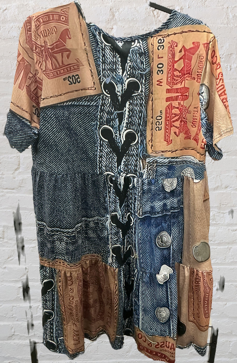 Thumbnail: Denim Patchwork Lace-Up V-Neck Dress