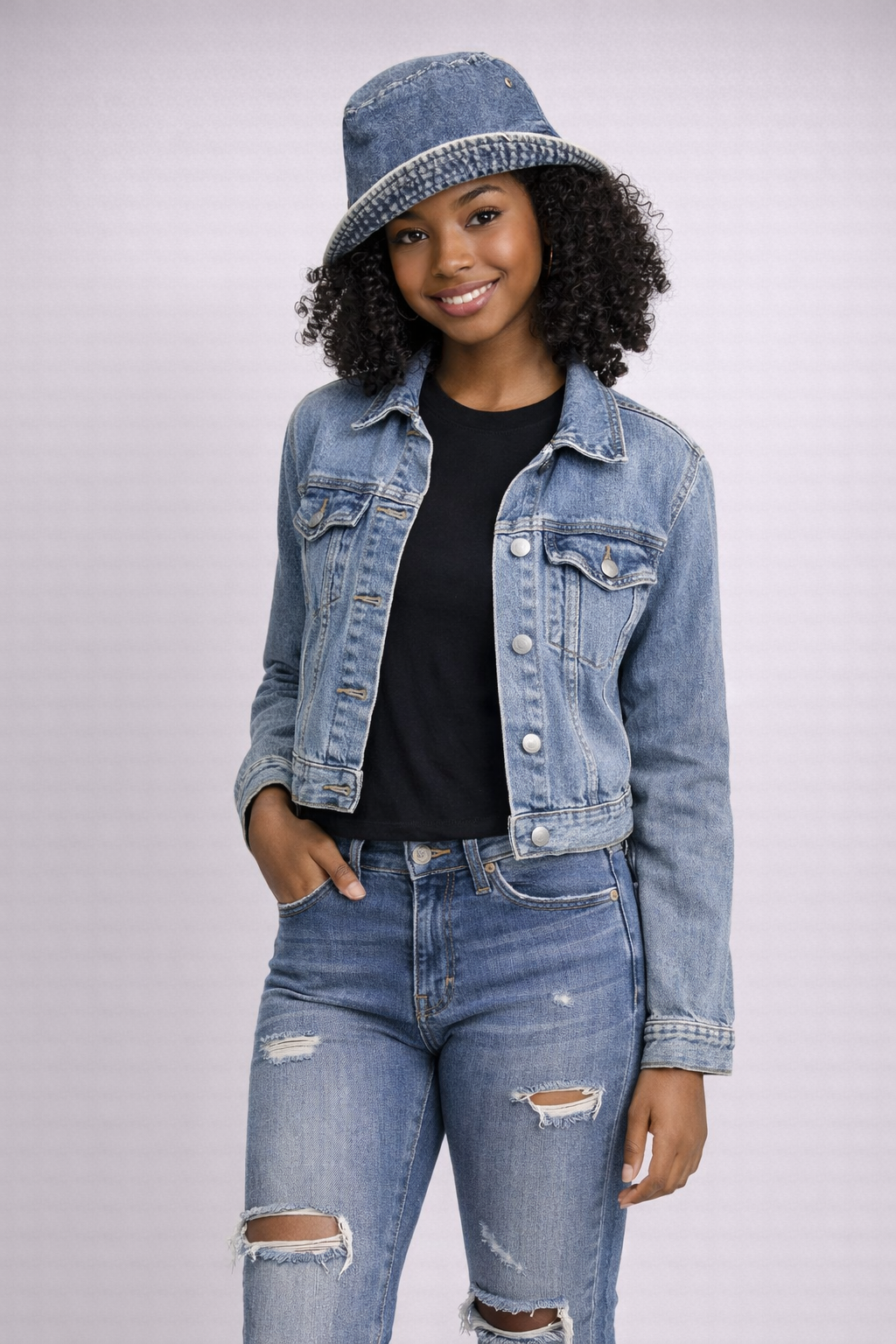 Woman wearing "The 90's Throwback" Denim Bucket Hat
