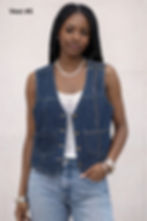 Woman with Braids wearing a Denim Blue V Neck Pointed Vest with Gold Buttons