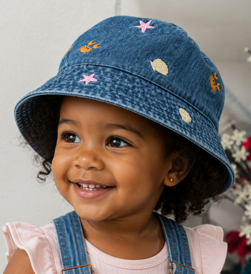Denim Bucket Hat with Sea Shell and Crab Embroidery