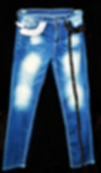 Product image of faded straight leg jeans with black strip design on a black background