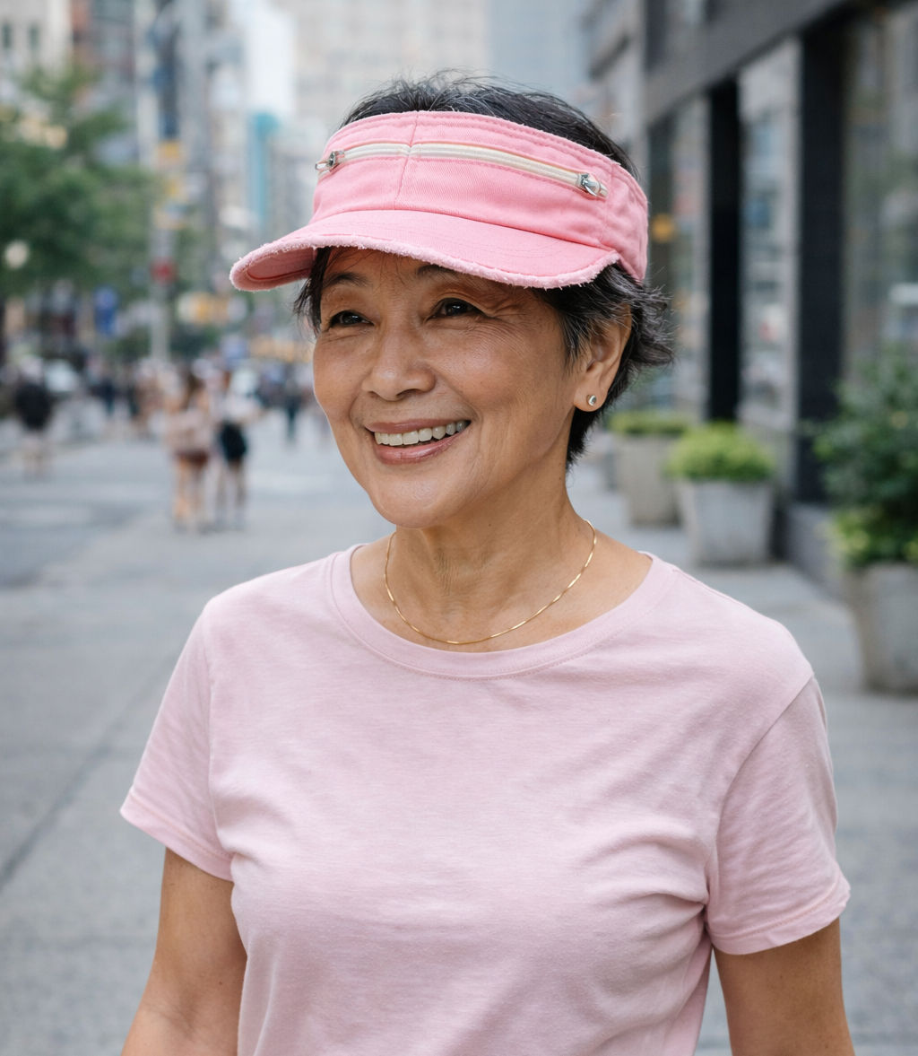 Woman wearing Pink Zipper Visor with Pink Top