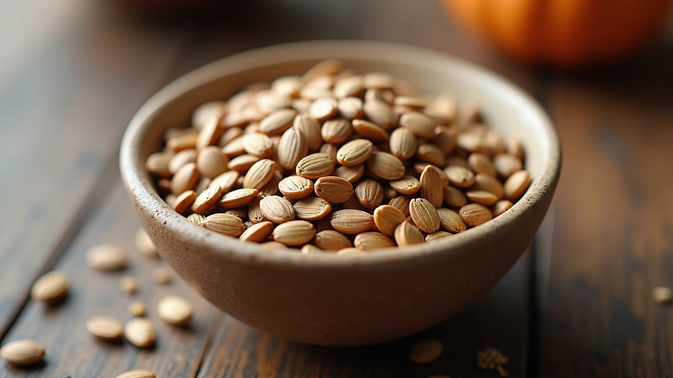Eye-level view of a small bowl filled with chia, flax, and pumpkin seeds