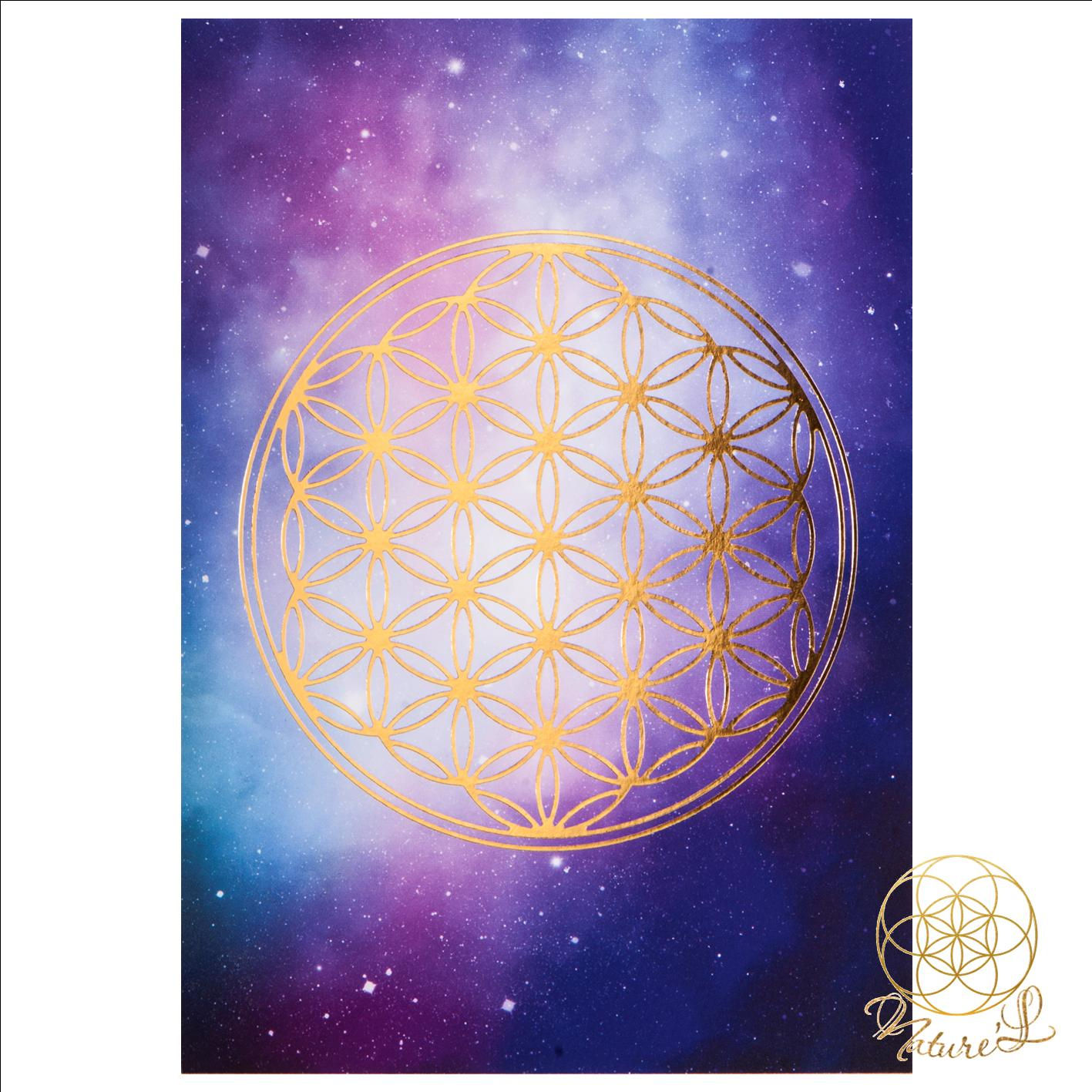 Carte postale Fleur de Vie Or et Univers, A6, soin-nature-l.com NATURE'L