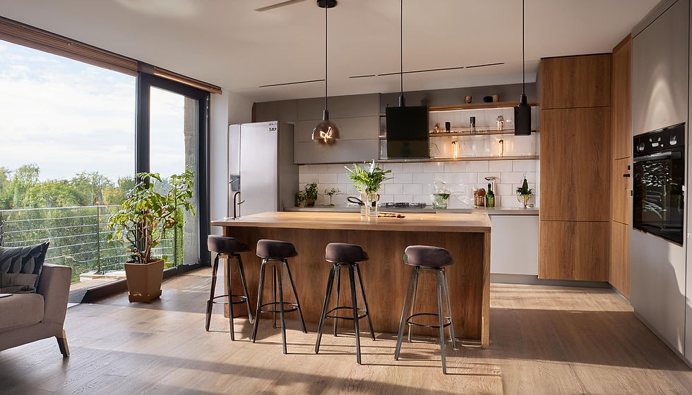 Stylish home kitchen interior with bar island and cabinet, refrigerator.jpg