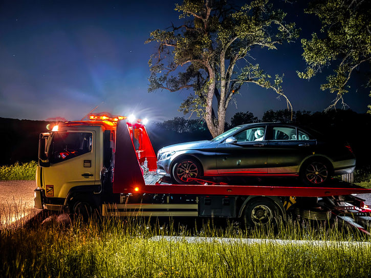Dépannage nocturne d'une voiture sur plateau