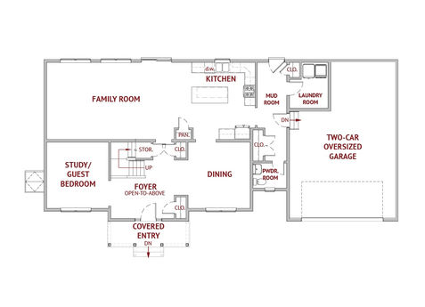 Floor plan layout featuring kitchen, family room, dining, and two-car garage.