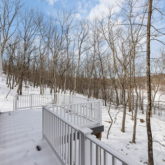 Snow-covered deck with white railings attached to a gray vinyl-sided house, overlooking a wooded hillside with leafless trees.