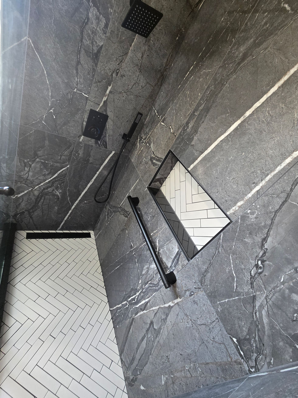 Modern bathroom remodel in Livingston County featuring white vanity with black countertop, wood-look flooring, and black tile