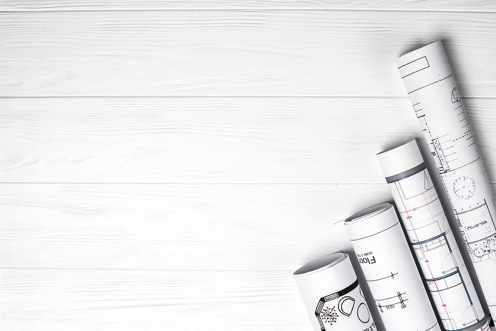 Architect worplace top view Architectural project, blueprints, blueprint rolls on wooden d