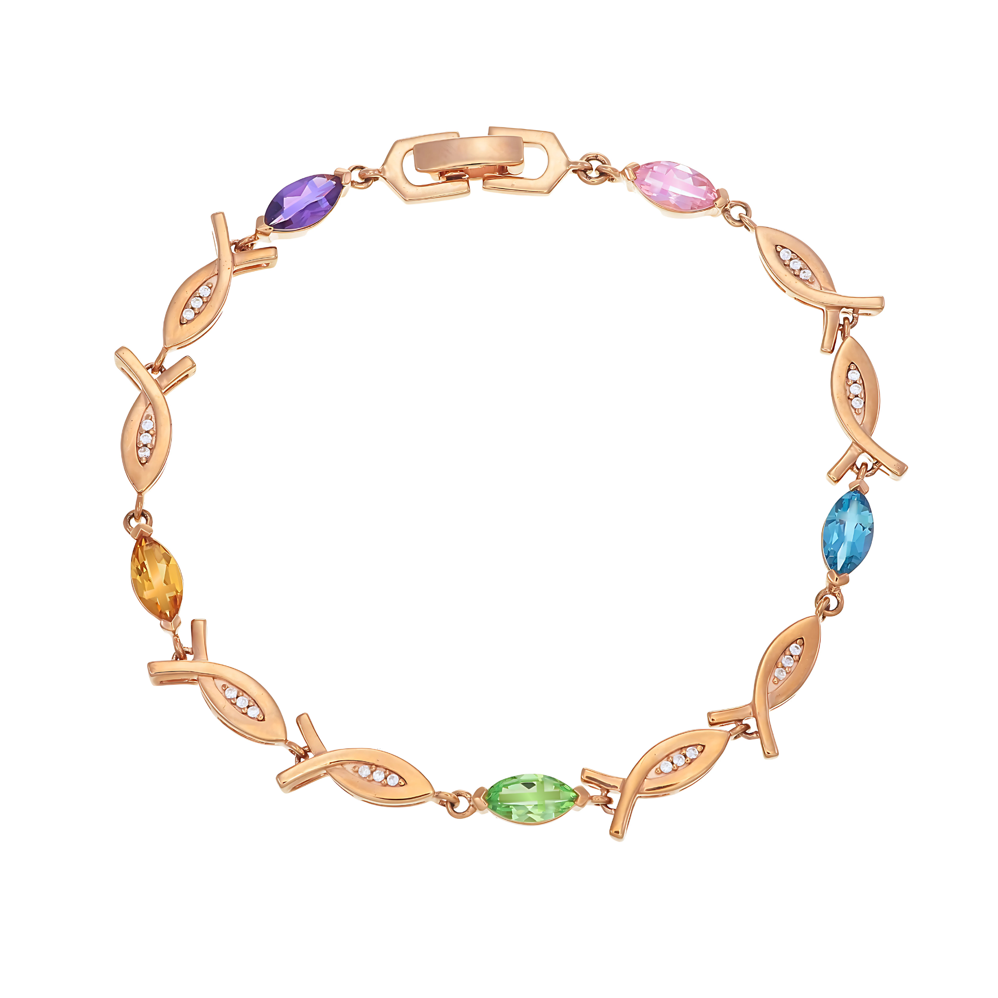 Multi Cross Cut Gemstone Ichthys Bracelet in Rose Gold Finish