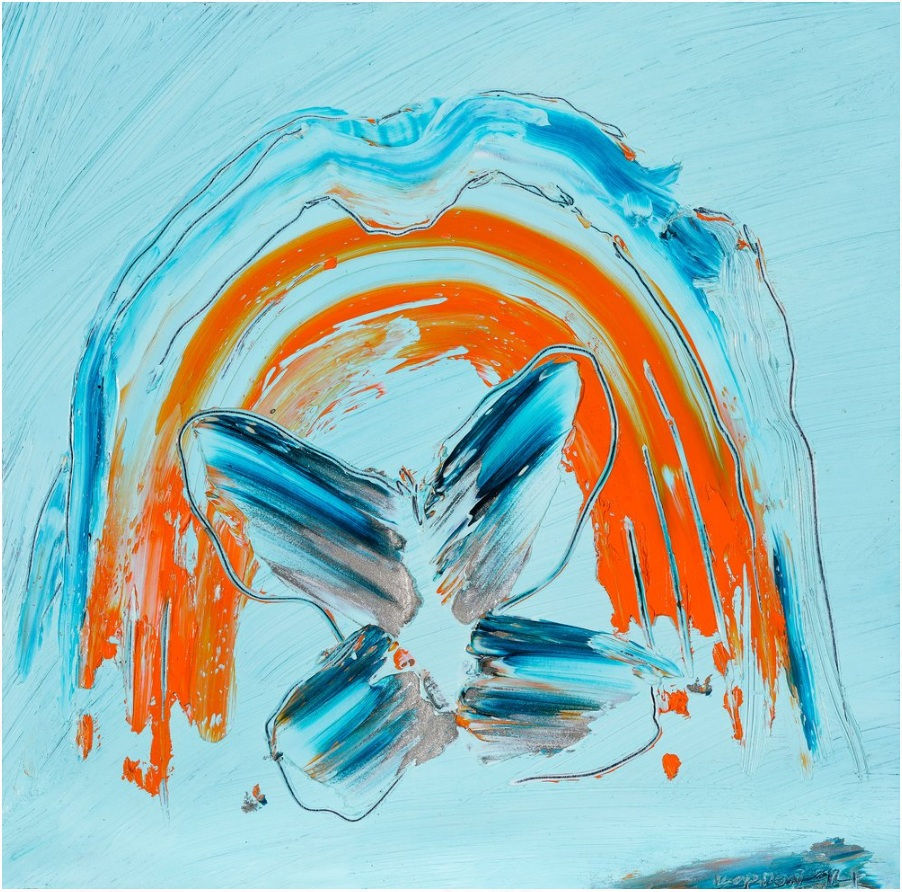 ブルーの背景にオレンジが映えるロリ・コプロウスキーの油彩画「レトロ・レインボー」