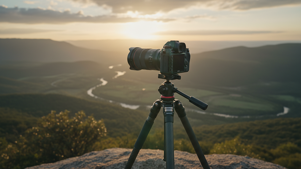 High angle view of a camera on a tripod overlooking a scenic sunset