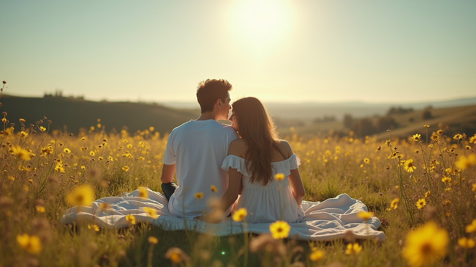 Wide angle view of a couple sitting on a blanket in a blooming meadow