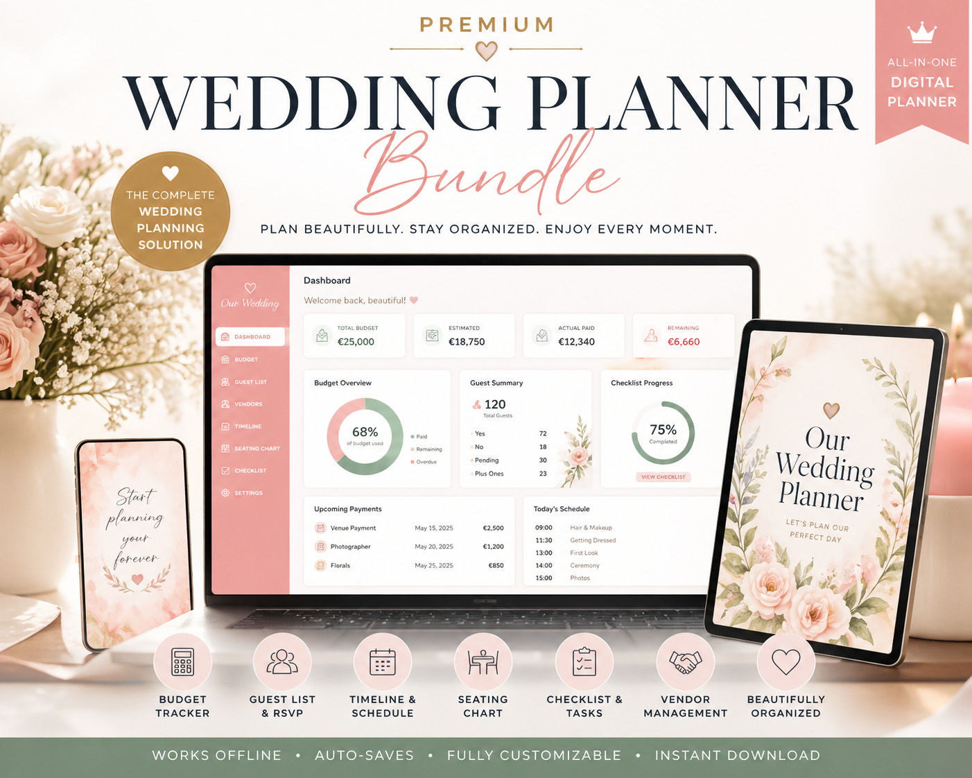 Wedding Planner Template Bundle | Budget, Checklist & Guest List