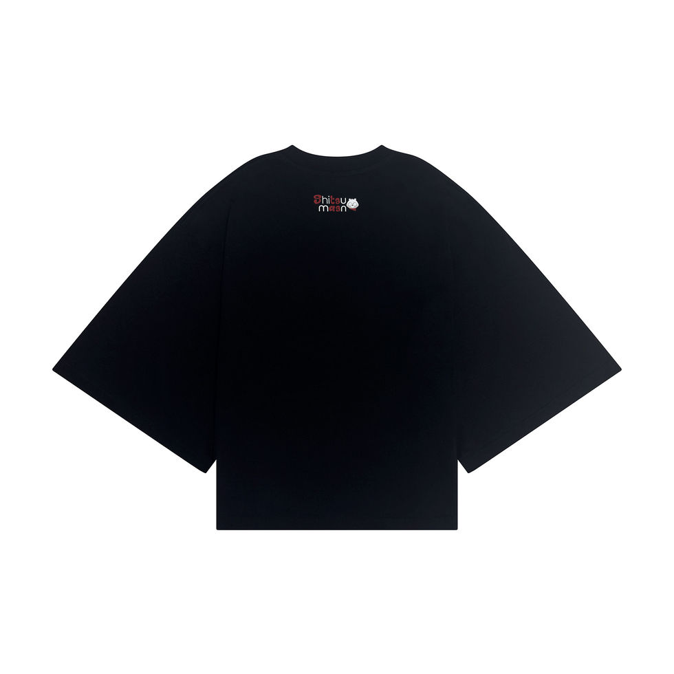 Back view of Shitsumasu NANDAYO black boxy streetwear T-shirt with logo print on neck