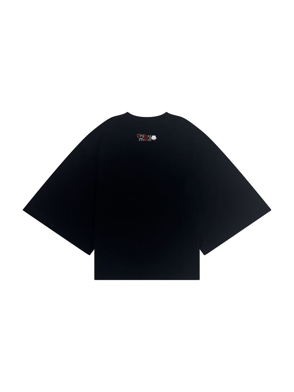 Back view of Shitsumasu BAKA black boxy streetwear T-shirt with logo print on neck