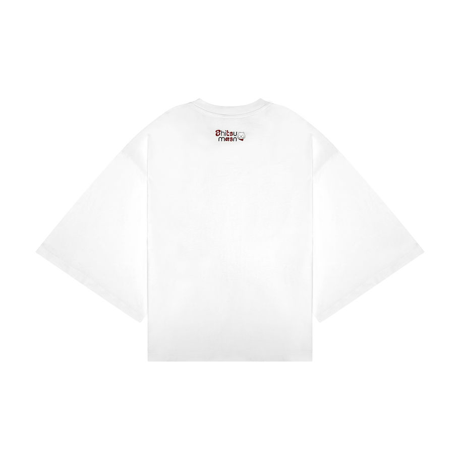 Back view of Shitsumasu BAKA white boxy streetwear T-shirt with logo print on neck