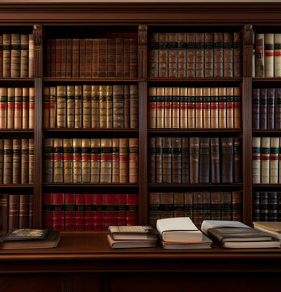 A wooden bookshelf filled with a variety of legal books. There is a small table in front of the bookshelf with a lamp on top with more legal books on top.