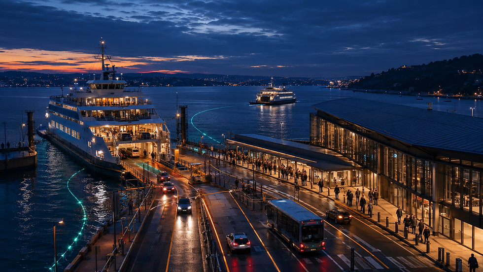 Ferry arriving at a city port with connected transport infrastructure.