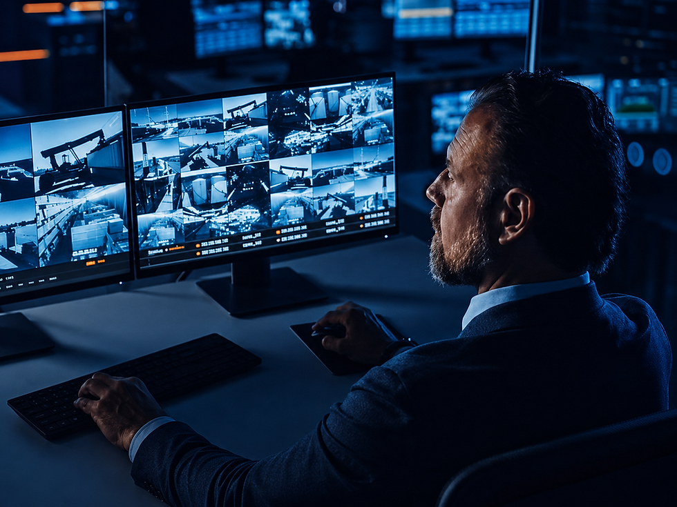 Operator monitoring live video feeds across multiple surveillance screens.